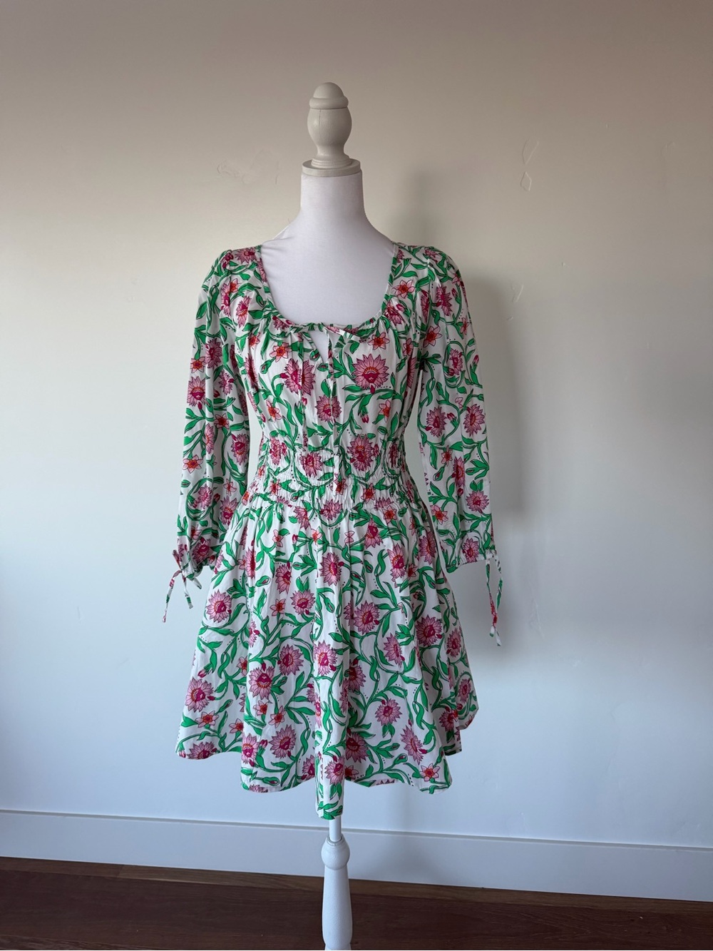 J. Crew White Floral Long Sleeve Mini Dress with Pink and Green Print